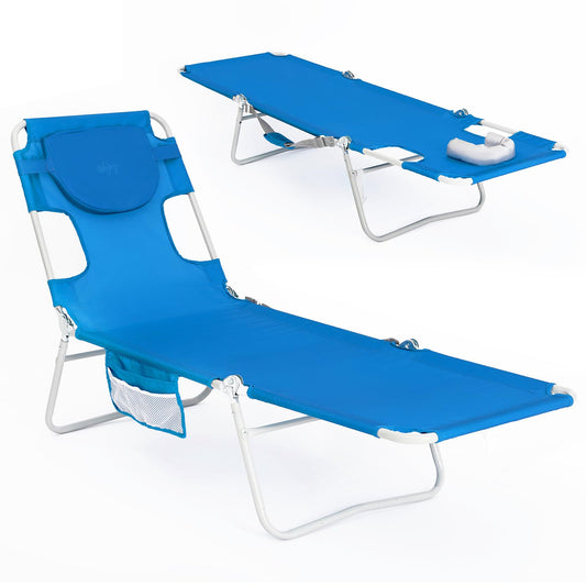 #WEJOY Folding Tanning Chair with Face Hole, 5-Position Face Down Beach Lounge Chair for Sunbathing, Lightweight Portable Outside Recliner with Side Pocket & Shoulder Straps for Pool, Patio, Blue