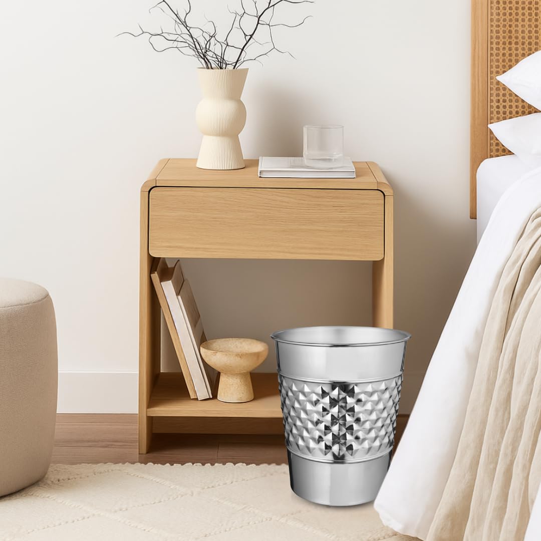 Monarch Abode Metal Bathroom Trash Can – Waste Basket for Bedroom, Office Desk, & Dorm, Handcrafted Geo Embossed, Durable Decorative Nickel Chrome Small Trash Can Bathroom Garbage Bin Wastebasket