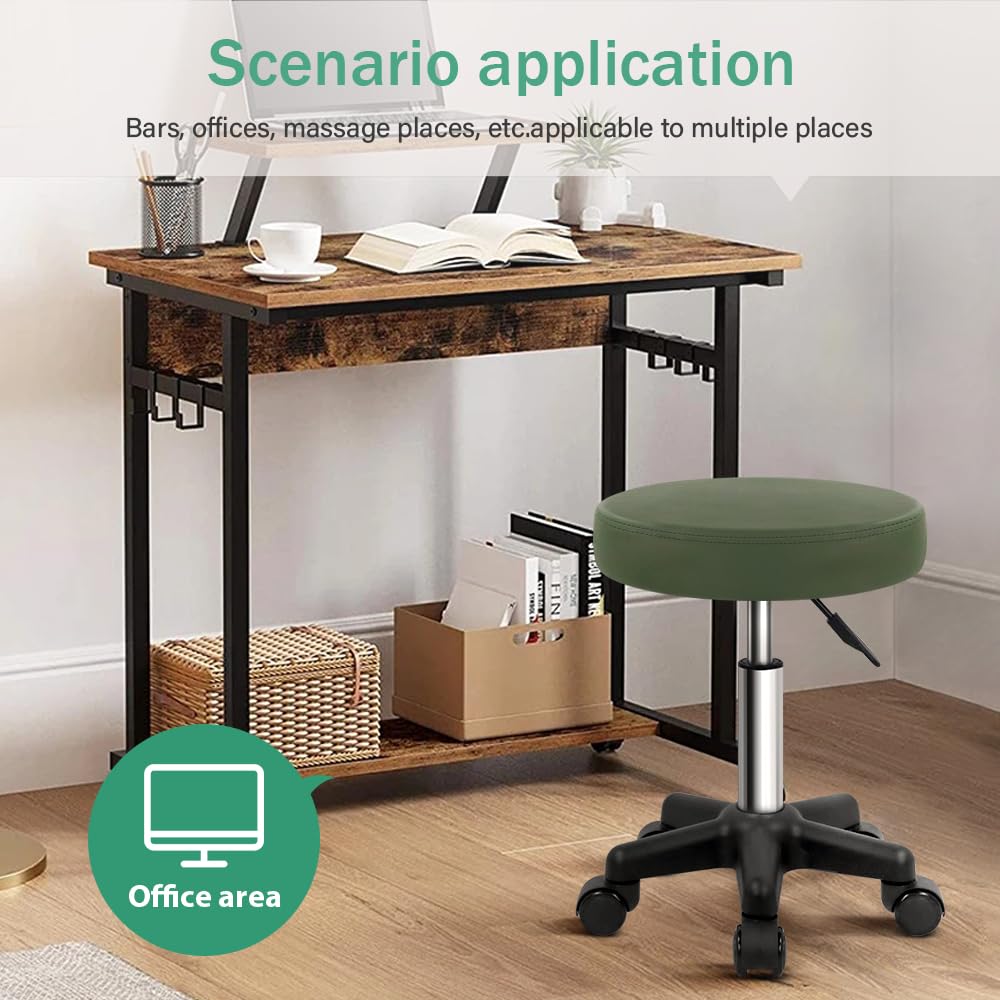 FURWOO Round Rolling Stool Height Adjustable Stool with Wheels for Spa Salon Massage Green