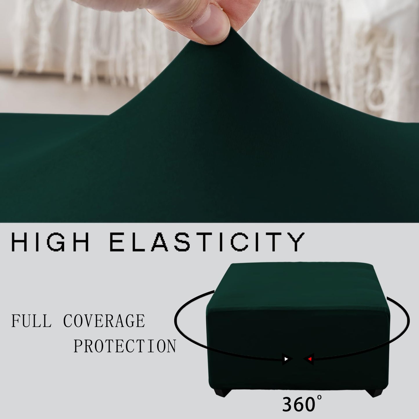 UOIJAY Super Stretch Ottoman Cover- Soft Form Fit Ottoman Cover Rectangular Ottoman Slipcovers for Folding Storage Furniture, Footstool Cover with Nonslip Elastic Bottom (Large, Hunter Green)