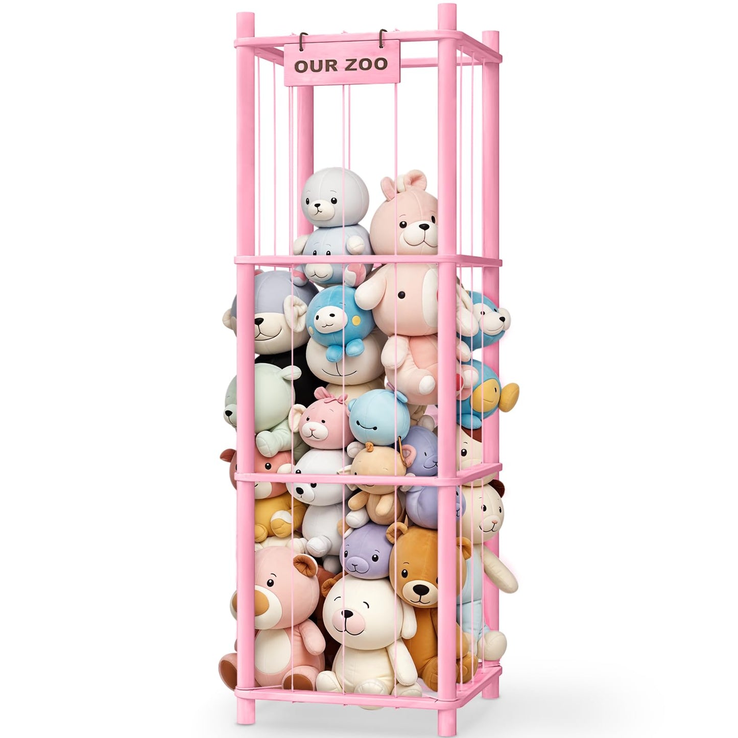 Woodure Stuffed Animal Storage & Organizer, Wooden Cute Zoo Toy Holder for Toddler Rooms, Playrooms & Bedrooms（Pink）