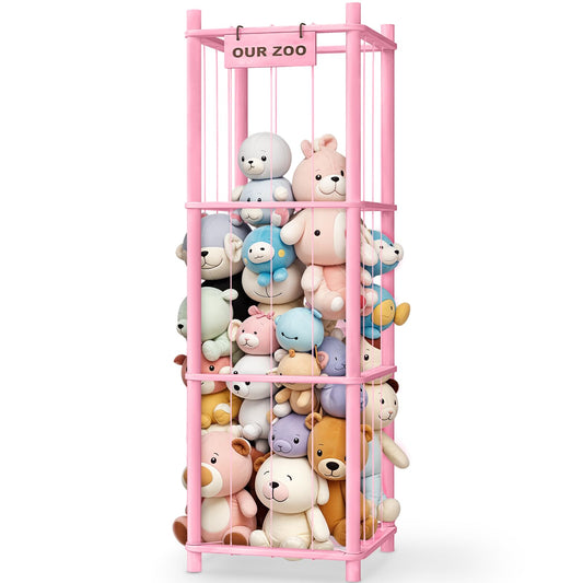 Woodure Stuffed Animal Storage & Organizer, Wooden Cute Zoo Toy Holder for Toddler Rooms, Playrooms & Bedrooms（Pink）