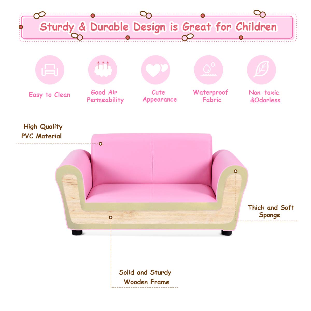 Costzon Kids Couch with Footstool, 2 in 1 Double Seat Children's Sofa w/PU Leather Surface, Armrest Chair Lounge, Soft Kids Sofa for Preschool Bedroom Kids Room Toddlers Boys Girls Birthday (Pink)