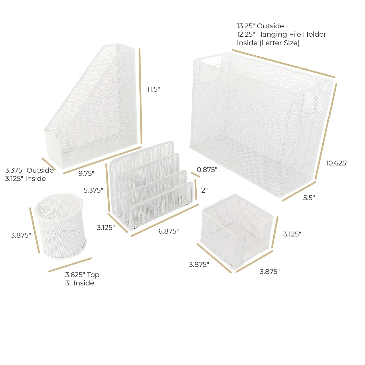 BLU MONACO | White Desk Organizer Set | 5 Piece Metal Office Desk Organizer with Hanging File Holder, Magazine Organizer, Pen Cup, Sticky Note Holder, Mail Sorter | Desk Organizers and Accessories