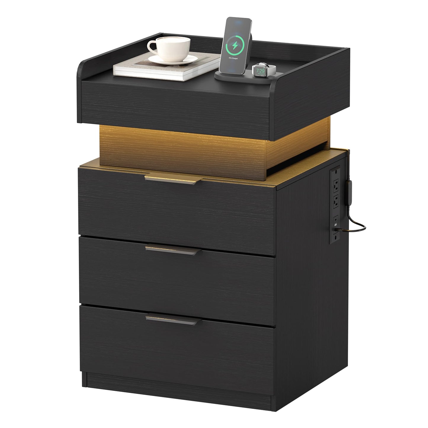 Turosur Night Stand with Gun Drawer, LED Nightstand with Charging Station, Wood Bedside Table with Hidden Storage and 3 Drawers for Bedroom, Modern Black