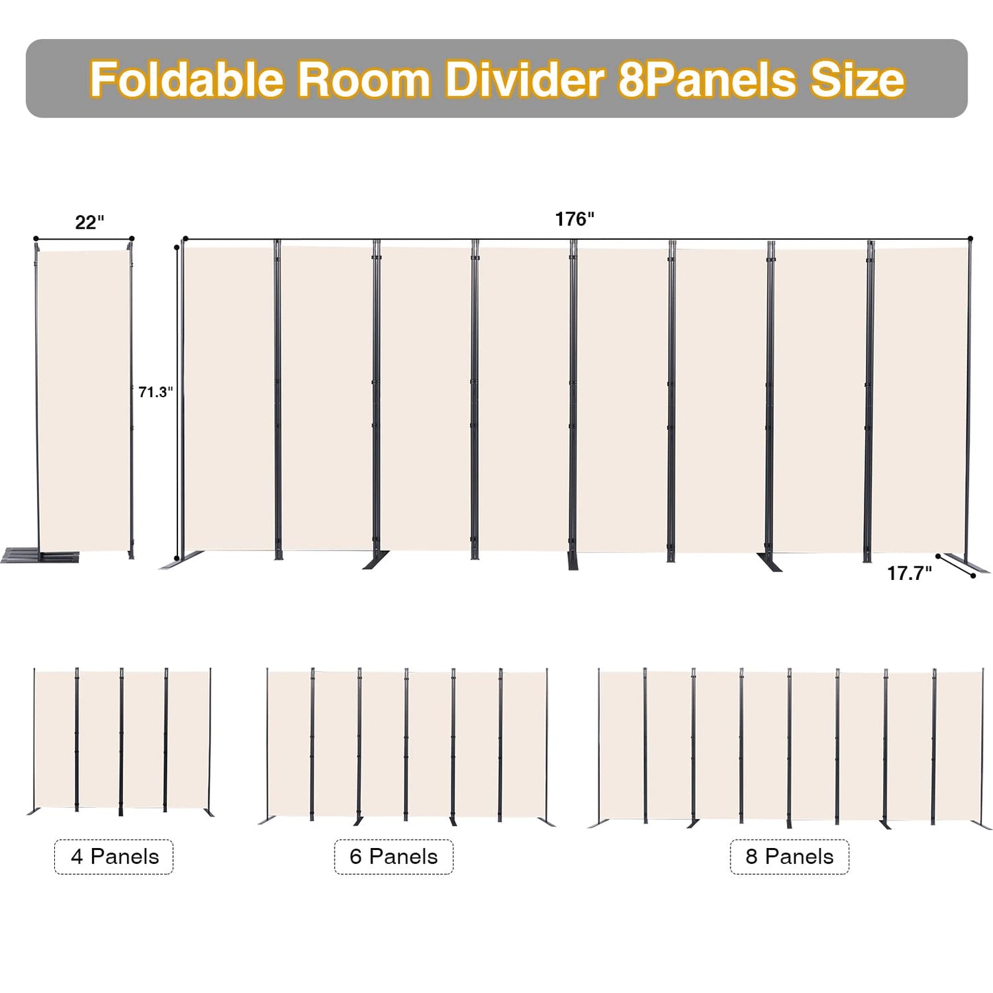 CHOSENM Room Divider, 8 Panel Folding Privacy Screens with Wider Support Feet, 6 Ft Portable Room Partition for Room Separator, 176" W X 71" H, Beige