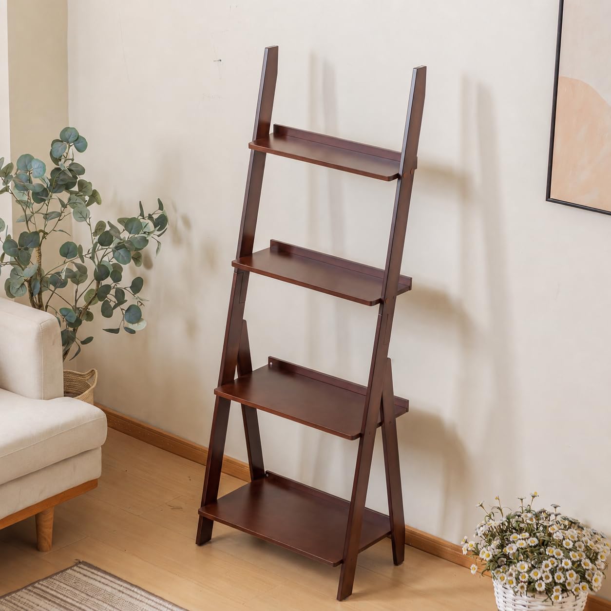 Maydear Bamboo Ladder Shelf Bookcase, 4-Tier Leaning Bookshelf Free Standing Organizer Storage Shelves for Living Room, Bedroom, Kitchen, Home Office, Balcony (Dark Walnut)