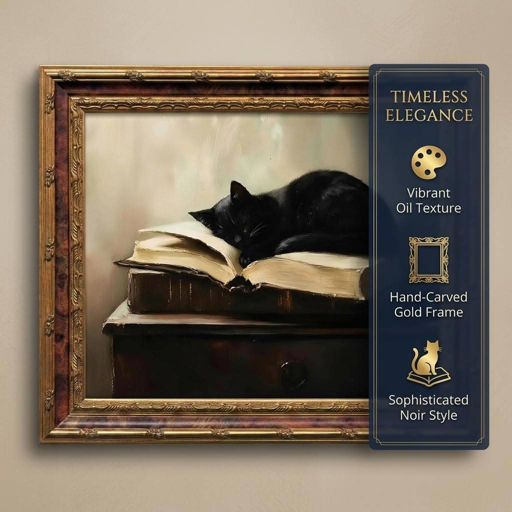 Framed Vintage Black Cat Wall Art Canvas Print Retro Animal Painting Picture Moody Rustic Farmhouse Artwork for Living Room Bedroom Office, Ready to Hang 8x10 Inches