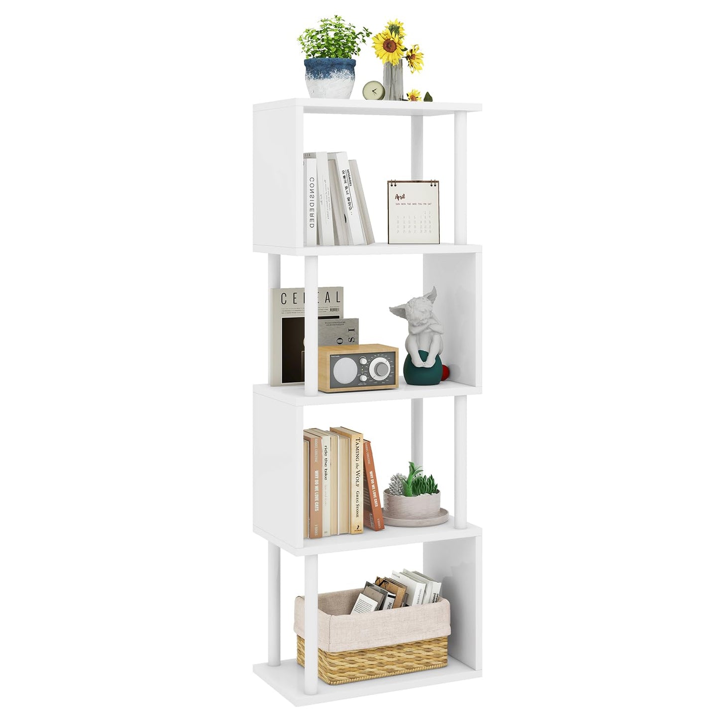 IBUYKE 5-Tier Tall Bookshelf,S-Shaped Geometric Bookcase, Wood Display Shelves with Storage,Modern Bookshelf for Living Room Bedroom, Home Office, White WBC015W