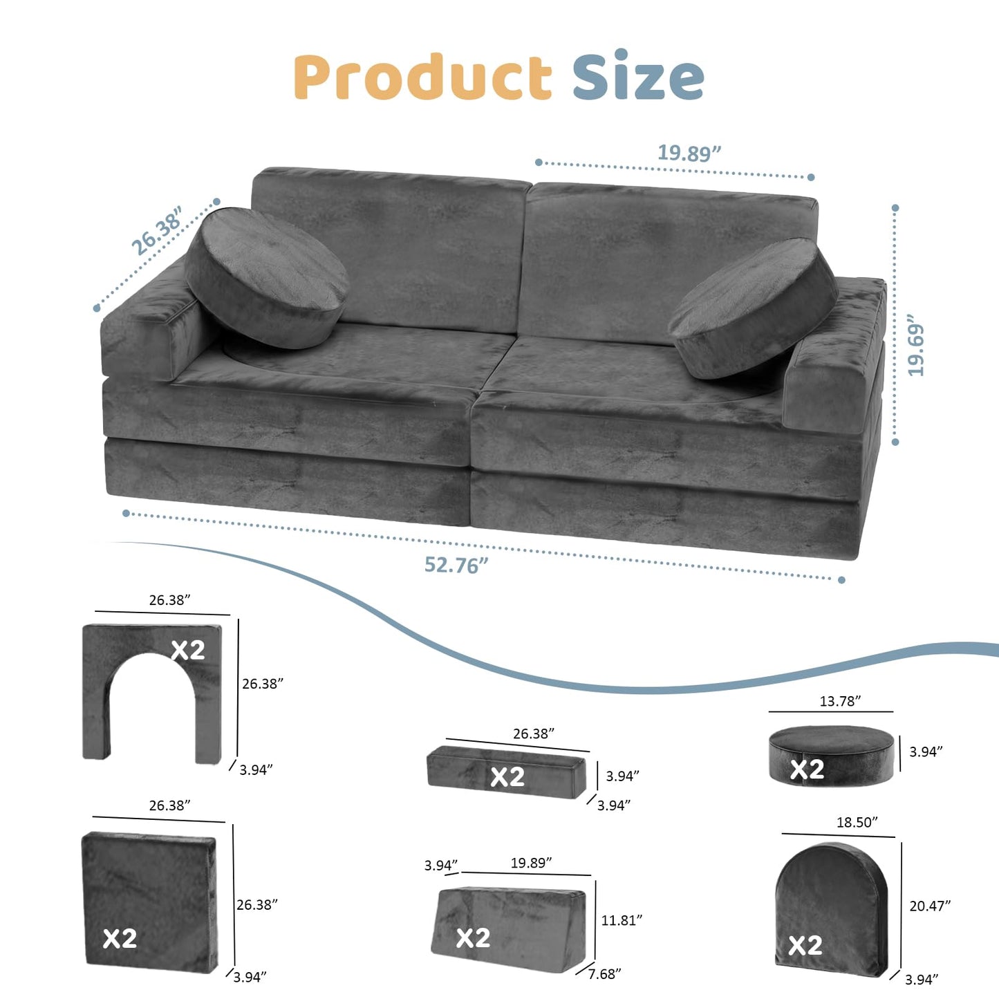 Decmuerx 12pcs Modular Kids Play Couch - CPC Certified Convertible Toddler Sectional Sofa, Washable Durable Foam Floor Cushion for Kids Playroom (Play Fort/Castle)