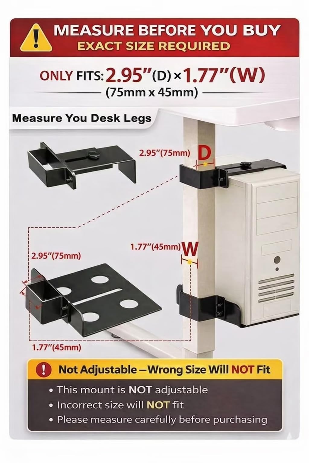 Under Desk PC Mount & CPU Holder, No-Drill Clamp-On Stand for Standing Desk (Fits 75x45mm Square Legs), Adjustable Steel Computer Tower Holder, Heavy-Duty 40lbs/18kg, Black