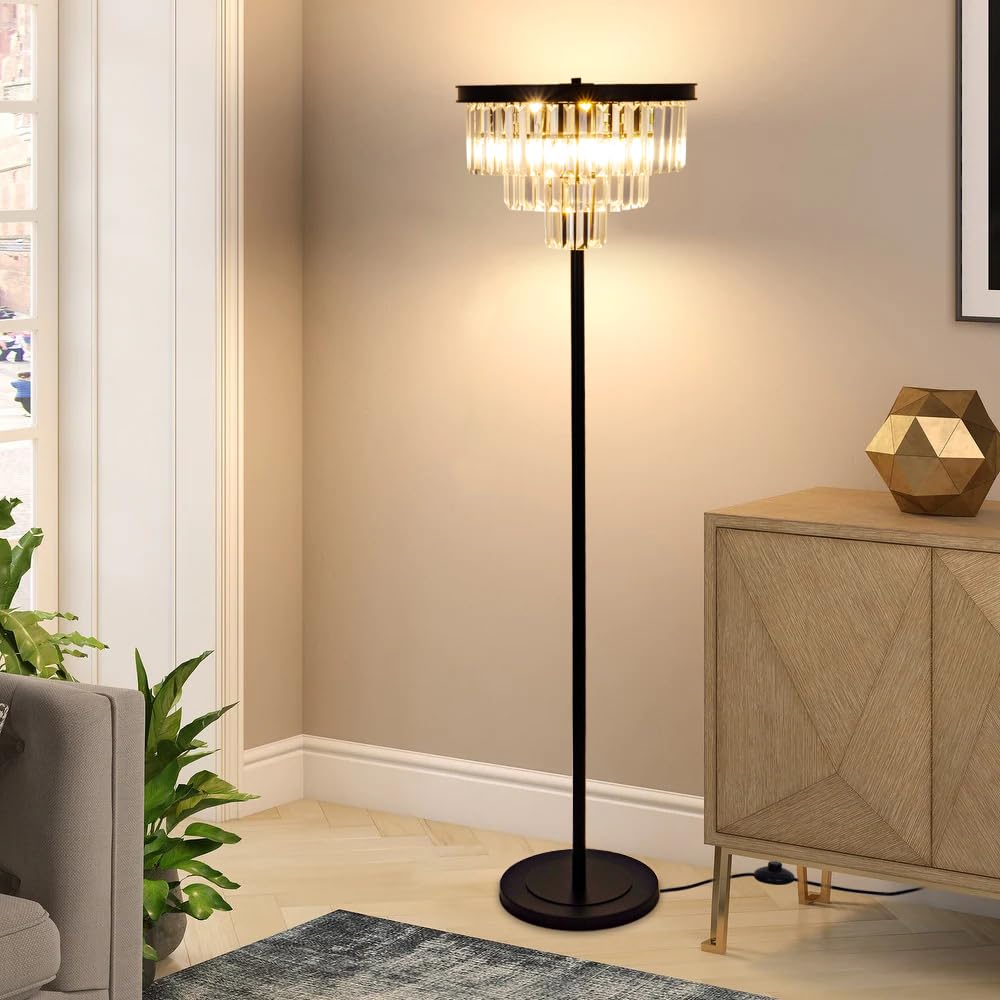 Wellmet Modern Crystal Floor Lamp, Black Tall Standing Living Room Lamp