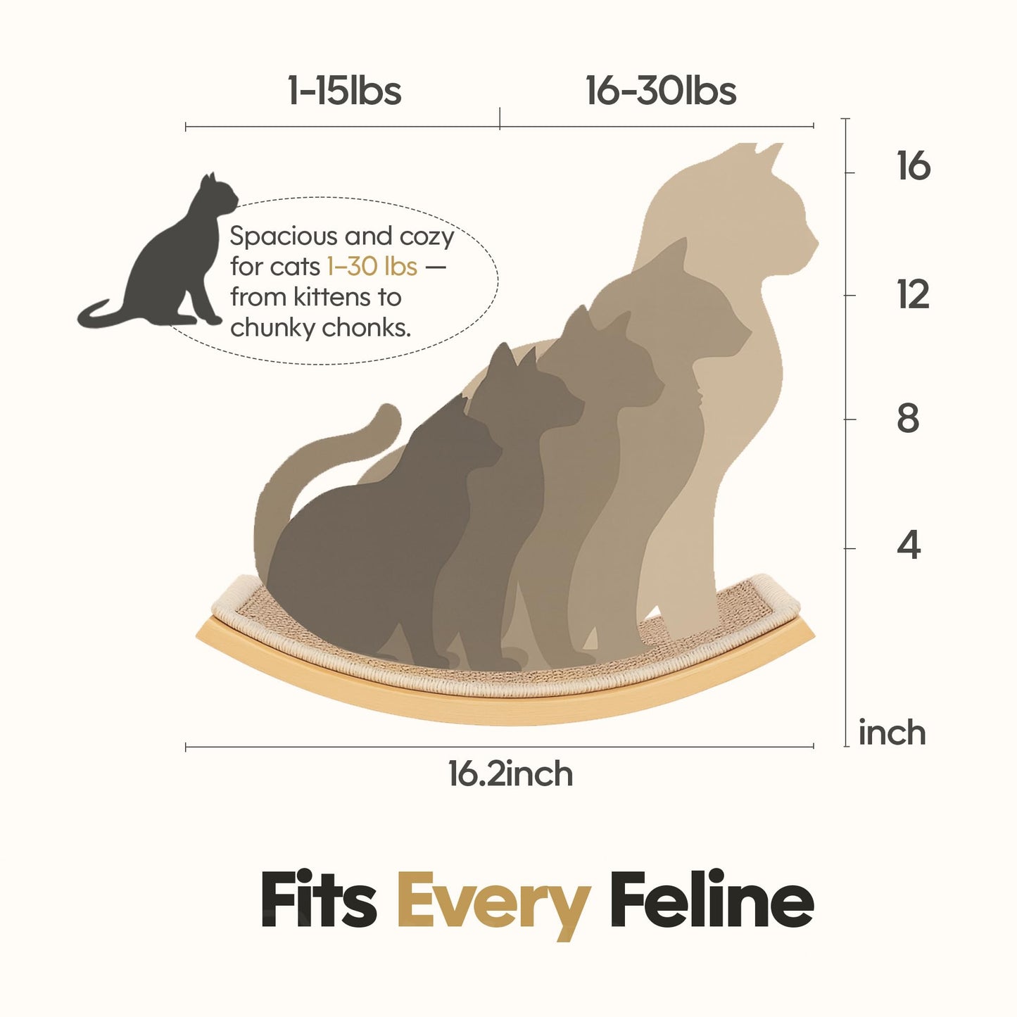 Curved Cat Wall Hammock with Scratchable Sisal Pad, Large Floating Cat Shelf for Wall, Wall Mounted Beige Bed for Playing, Climbing, and Sleeping