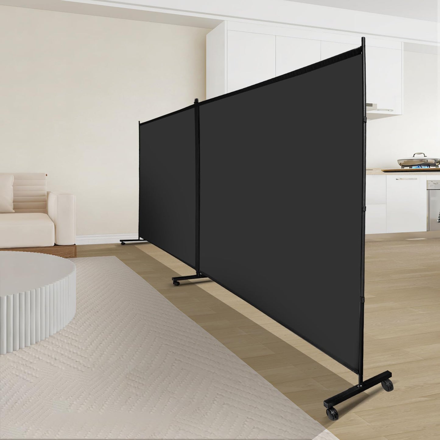 MAYOLIAH Indoor Room Divider 2 Large Panels on Wheels, 142”W x 75”H Rolling Privacy Screen W/Cover Strip, Portable Wall Divider for Home Office Partition, Black