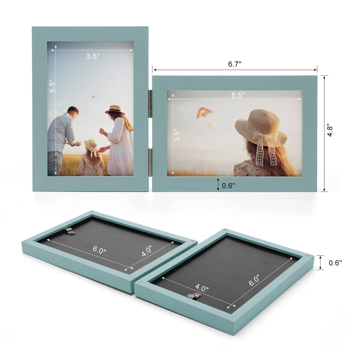 Janreefan Double Vertical & Horizontal 4X6 Picture Frames Hinged Folding Photo Frames in Teal Blue for Wall Hanging or Tabletop Standing, Made of Pine Wood with Real Glass P-S46H64-LAN