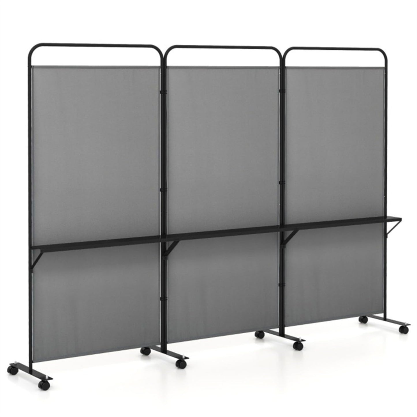 YWGYWG 3 Panel Room Divider with Storage Shelves ， 103" W x 74" H Folding Privacy Screen, Home Office Studio, Fabric Wall Divider for Room Separation (Grey)