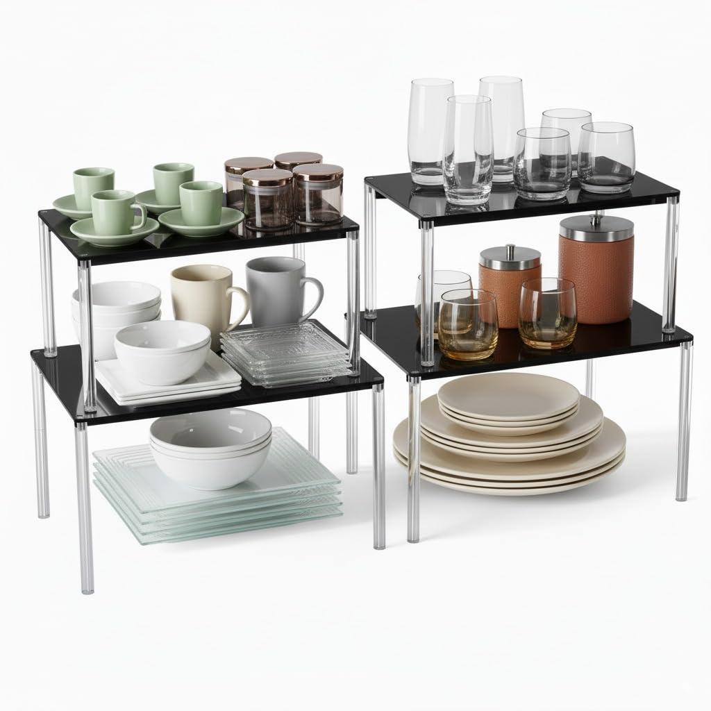 Kreasvae Cabinet Organizer Acrylic Spice Rack, 4 Pack Stackable Shelf Riser for Kitchen Pantry Countertop, Expandable Storage Organizer for Bathroom Office