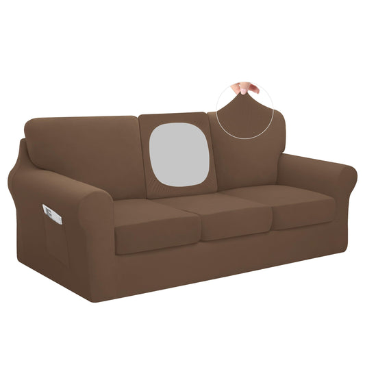 Easy-Going 7 Pieces Stretch Couch Cover Washable Sofa Cover Set for 3 Backrest and Seat Cushion Couch Anti-Slip Sofa Slipcover Furniture Protector with Elastic Bottom (Large, Brown)