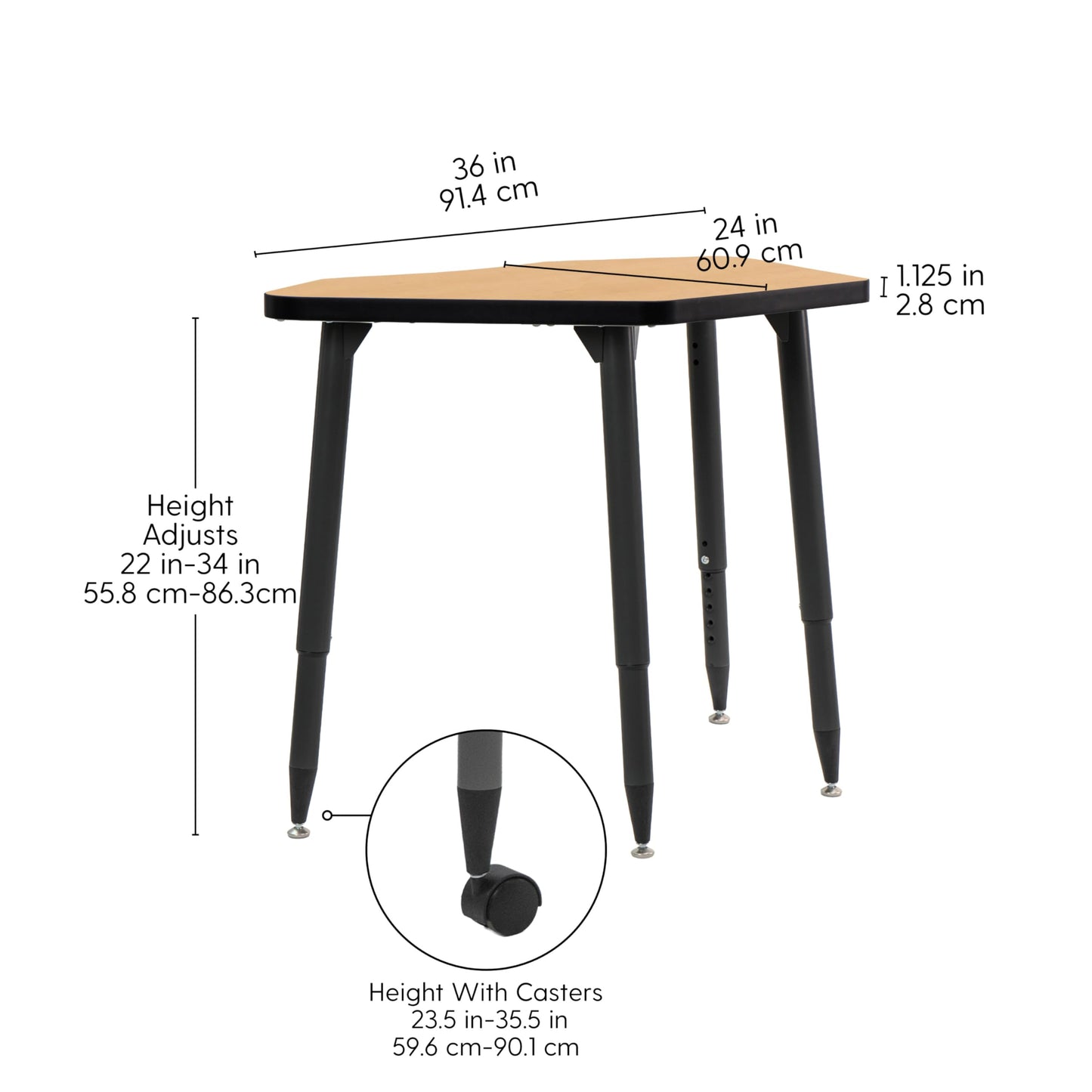 Adapte Commercial Classroom Activity Table - 24" x 36" Petal, ADA Compliant Tapered Legs with Glides & Casters, Adjustable Height 22-34" Wheelchair Accessible, School & Office Furniture