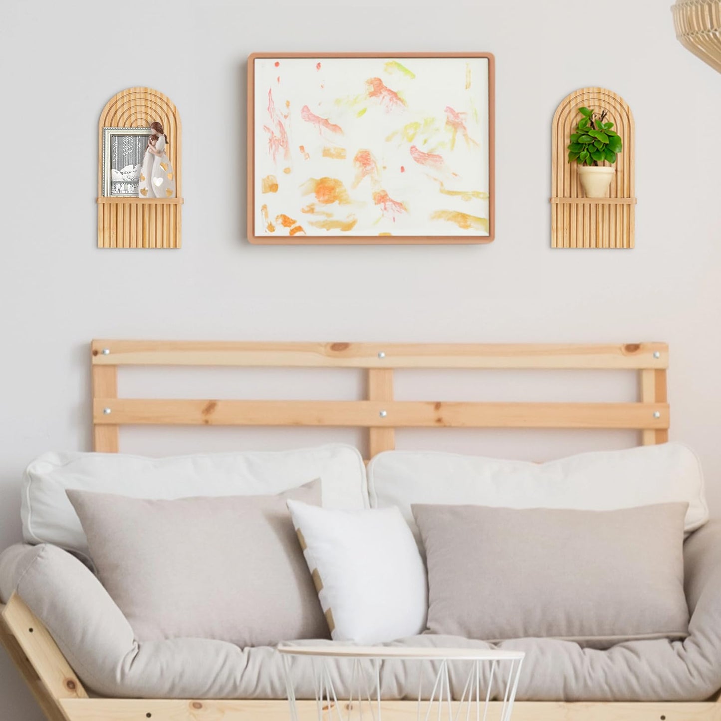 Walasis Boho Shelf Wall Decor - Bohemian Floating Shelves for Nursery Bedroom Living Room Aesthetic Hanging Shelf Modern Rainbow Wall Candle Holder (Natural)