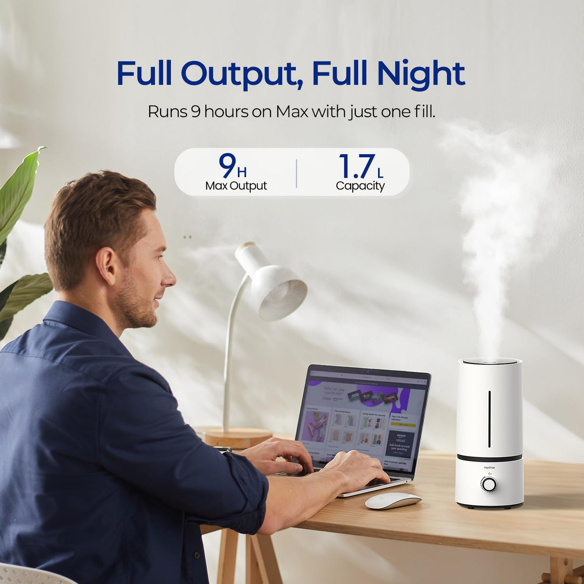 raydrop Cool Mist Humidifiers for Home Babies, 1.70 L Quiet and Small Ultrasonic Humidifier for Bedroom Nightstand, Space Saving, Auto Shut Off - (0.45 Gallon, US 110 V)