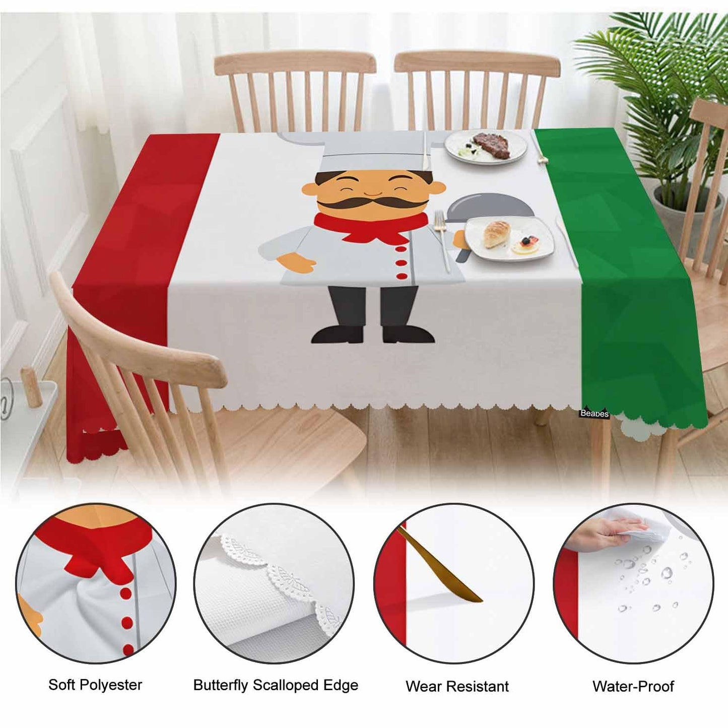 Beabes Chef Rectangle Tablecloth 52x70 Inch Cartoon Chef Italian Flag Dining Table Cloth Table Cover for Home Kitchen Restaurant Party Buffet Picnic, 4-6 Seats