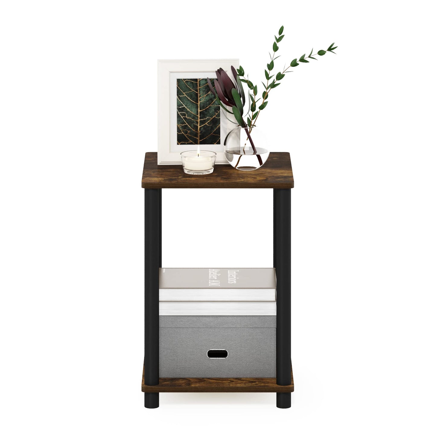 Furinno TURN-N-TUBE Side Table, 2-Tier Modern Square End Table with Open Shelf, Toolless Night Stand, Bedside Table, for Living Room, Bedroom, Amber Pine