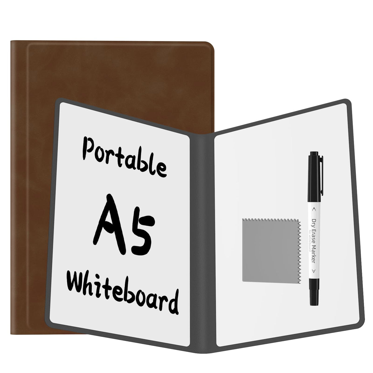 Portable Dry Erase Board,Reusable Whiteboard Notebook, Double-Sided White Board PU Cover 9.5"x6.6" with Marker,Wipe Cloth (Brown)
