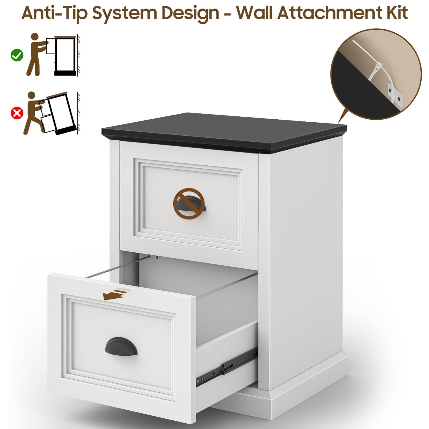 Halitaa Vertical File Cabinet, Filing Cabinet with 2 File Drawers, Farmhouse Small File Cabinet Fits Letter/A4 Size, Wooden Printer Stand, Under Desk Cabinets for Home Office, White and Black