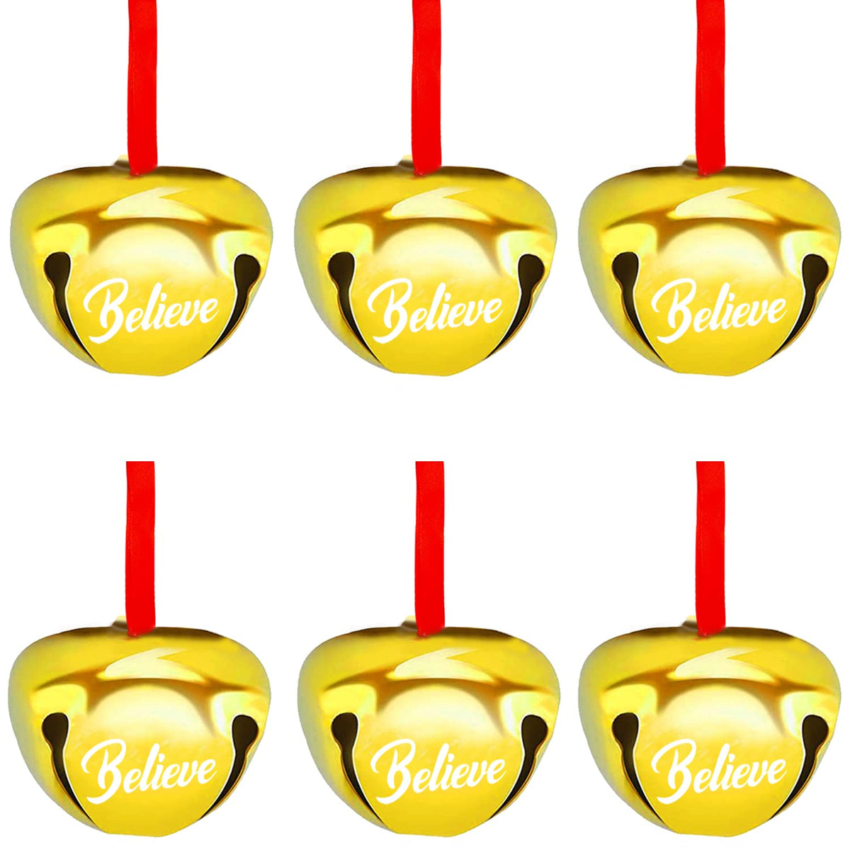 FOIMAS 30pcs 1.6 Inch Believe Bell Ornament Metal Christmas Sleigh Bells with Red Ribbon for Christmas Tree Holiday Decoration,Gold
