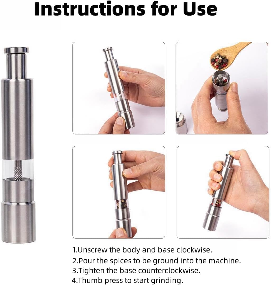 Stainless Steel Salt and Pepper Grinder Set, Manual Refillable Peppercorn Mills with Push Button, Thumb Grinder, Sliver White