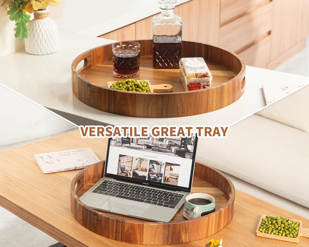 Decent Vrvege Extra Large Round Ottoman Coffee Table Tray, 22" Big Kitchen Serving Trays for Huge Ottoman Counter Giant Decorative Organizer, Huge Wood Serveware Tray with Built-in Handle for Big Job