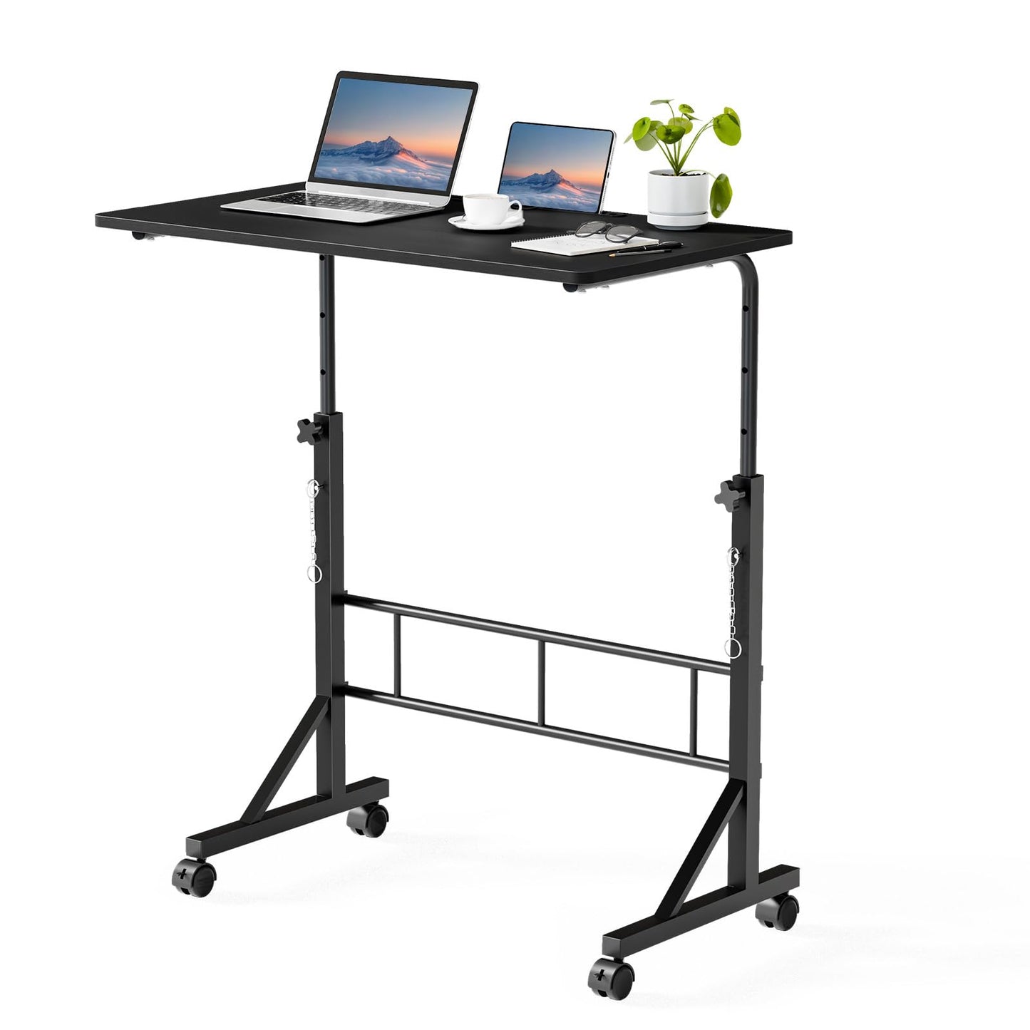 DUMOS 31.5" Adjustable Height Mobile Desk with Locking Wheels & Pin-Lock, Portable Workstation for Walking Pad & Active Home Office, Small Bedroom Desk, Black