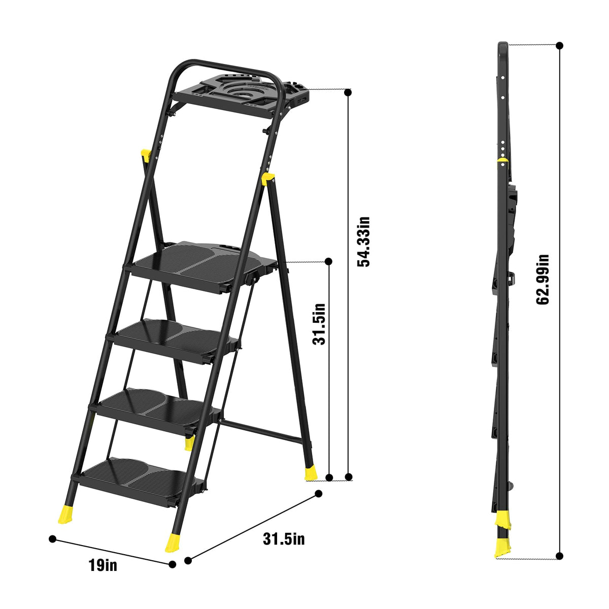 4 Step Foldable Step Ladder with Roomy Tool Tray, Platform Ladders Stepstools, Step Stool 4 Step Folding with Wide Non-Slip Pedals and 800lbs Bearing Capacity for Adults, Home, Kitchen, Black Yellow