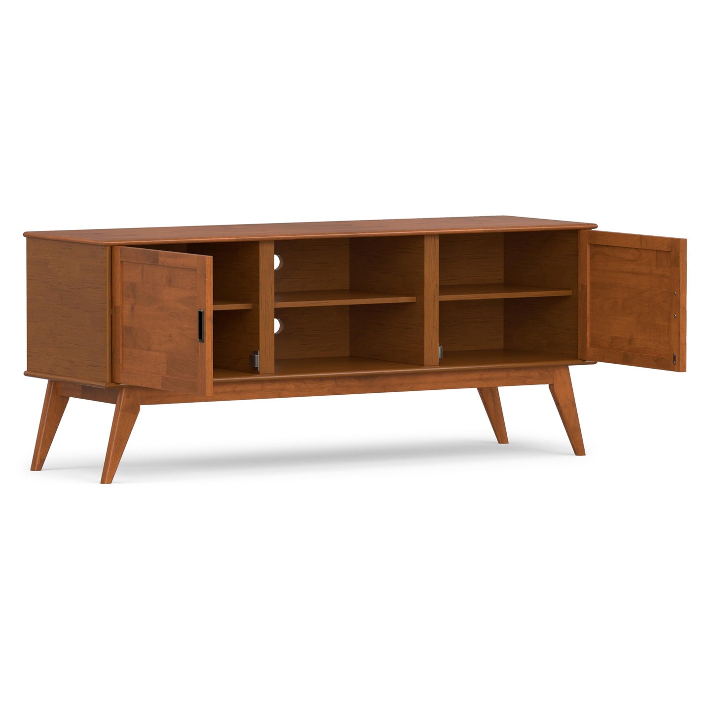 SIMPLIHOME Draper TV Stand - 60 inch Wide Solid Wood Low Media Console in Teak Brown, Mid Century Modern Entertainment Center for Living Room for TVs up to 65 Inches with Cabinets and Cable Management