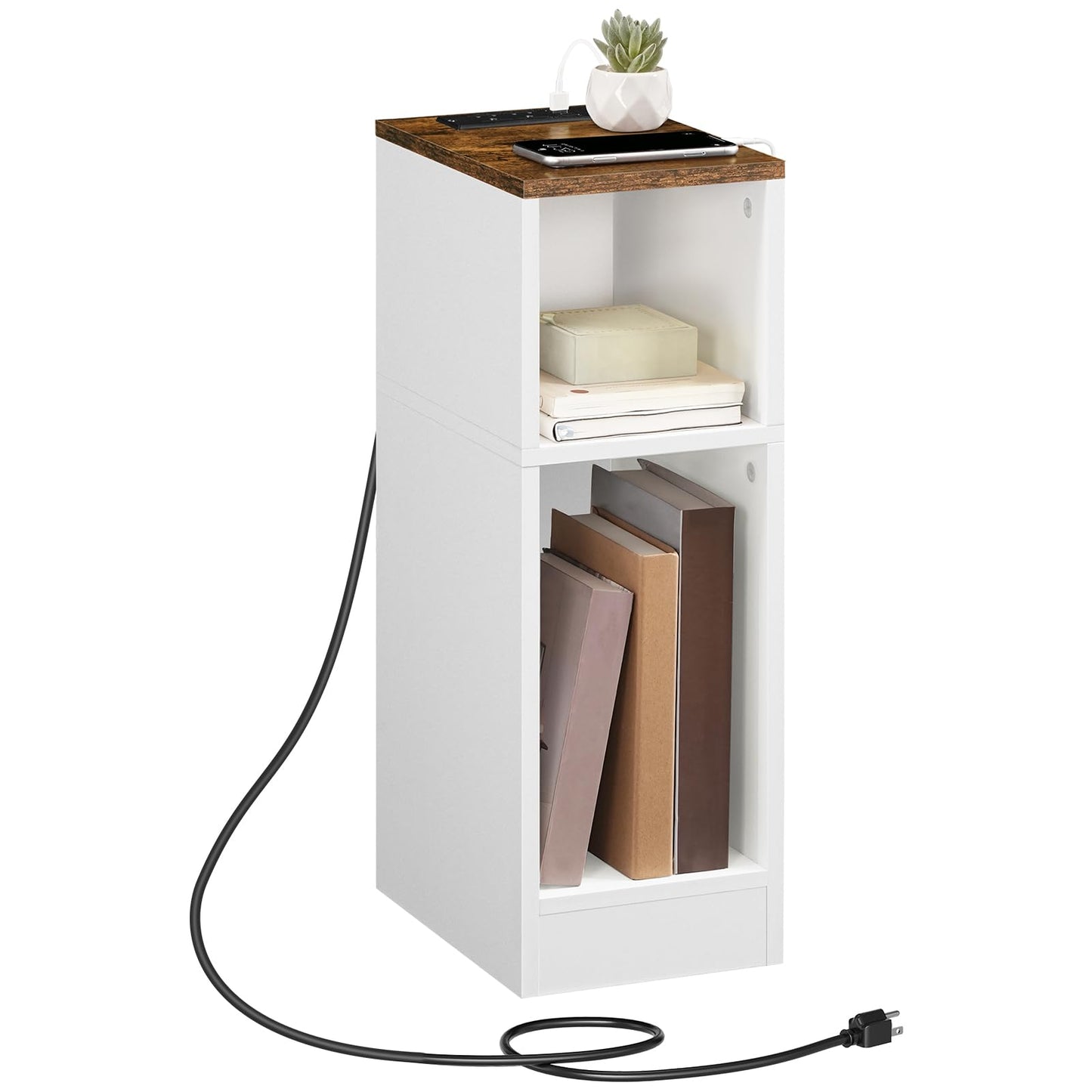 MAHANCRIS Narrow Nightstand, Narrow End Table with Charging Station, Skinny Bedside Table for Small Spaces, Mid Century Modern Night Stand for Bedroom, Living Roon, Rustic Brown and White ETBR30E01