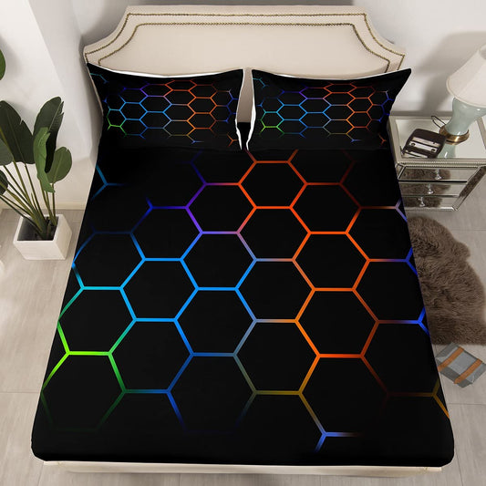 Geometric Bed Sheet Set Set Honeycomb Bedding Sheets for Kids Boys Girls Multicolor Hexagonal Shaped Bedding Fitted Sheet Orange Blue Red Black Decor Bed Cover Bedroom Collection 2Pcs Twin Size