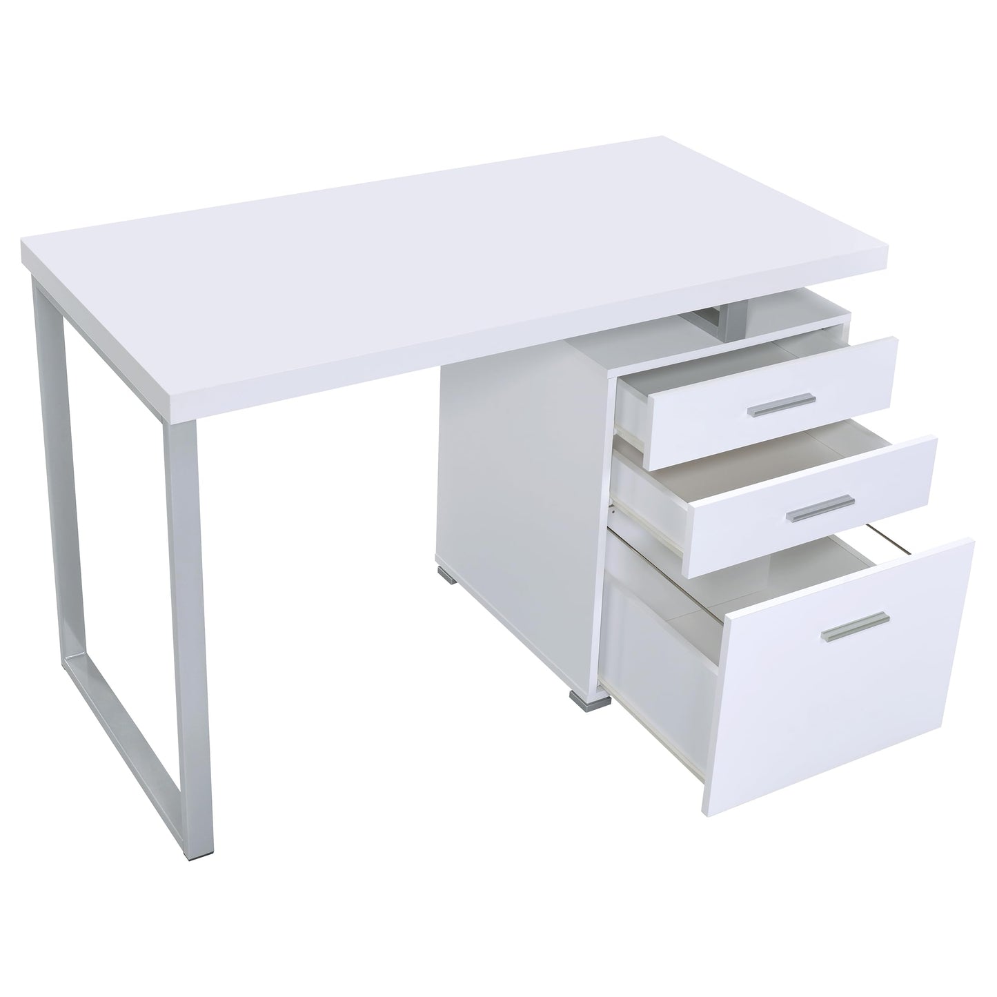Coaster Home Furnishings Brennan Modern Contemporary Home Office 3-Drawer Writing Desk with Drawers Computer Desk Study Table File Cabinet Storage Silver Metal Frame White 800325
