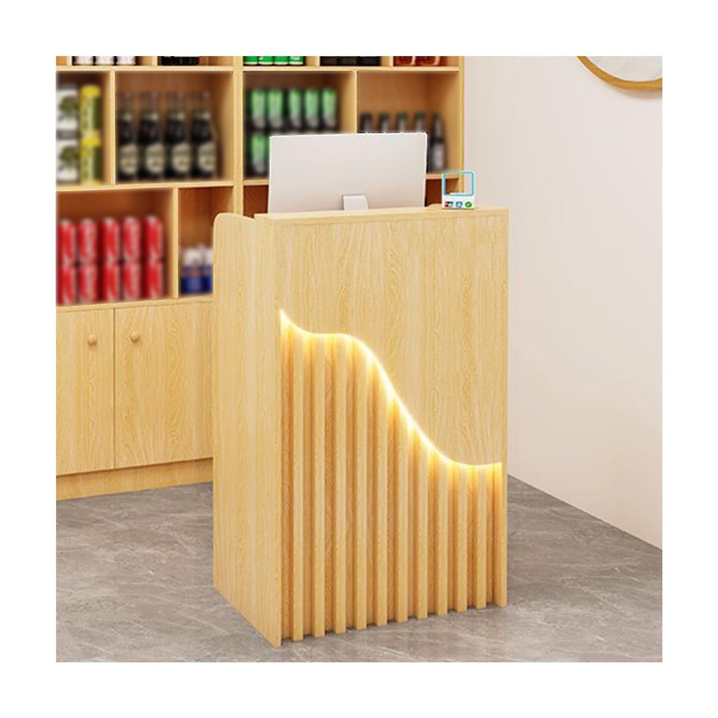 Modern Reception Desk with Lockable Drawers & Storage Cupboard, Stylish Small Reception Desk with Ambient Lighting, White Retail Checkout Counter, Perfect Welcome Unit for Offices, Salons, a
