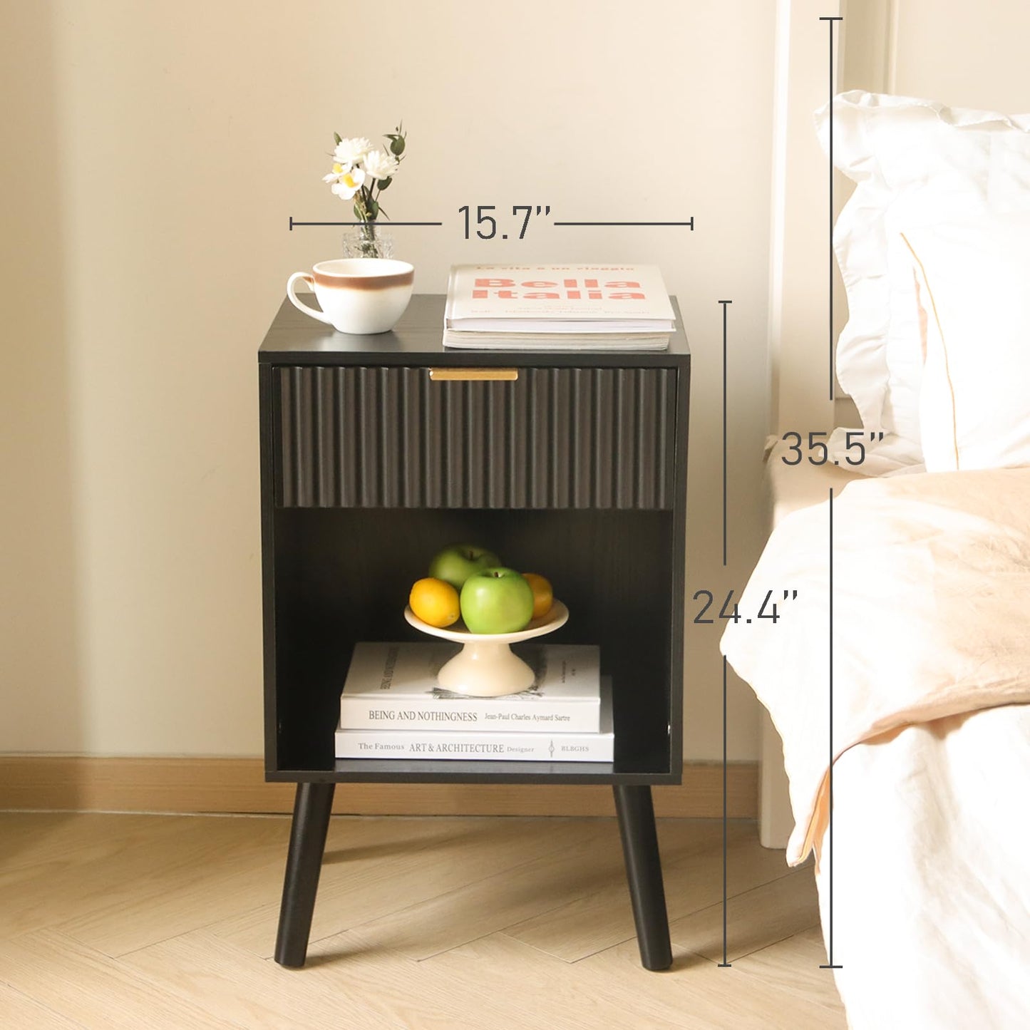 Fultyle Black Fluted Nightstand, Modern Bedside Table with Drawer and Open Storage, End Side Table Living Room with Solid Wood Legs for Bedroom (Black)