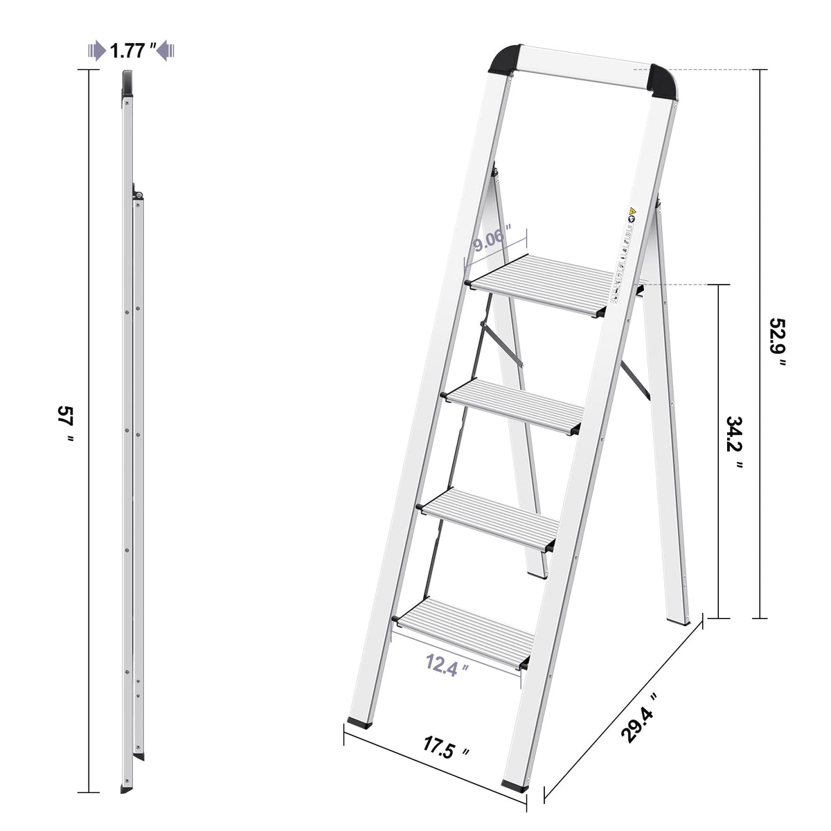 KINGRACK Aluminium 4 Step Ladder, Lightweight Step Stool with Non-Slip Pedals, Handrail, Foldable Step Ladder for Kitchen, Garage, Home, Space Saving, Sturdy and Portable, Silver