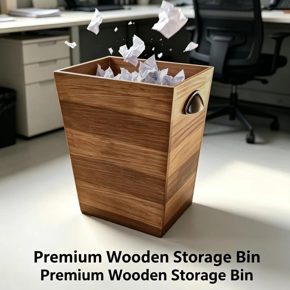 Ayxeute Solid Wood 2.5Gallon Trash Can, Thickened Sturdy Wooden Waste Basket with Metal Handle, Rustic Farmhouse Decorative Garbage Bin for Bathroom, Bedroom, Kitchen, Office, Living Room