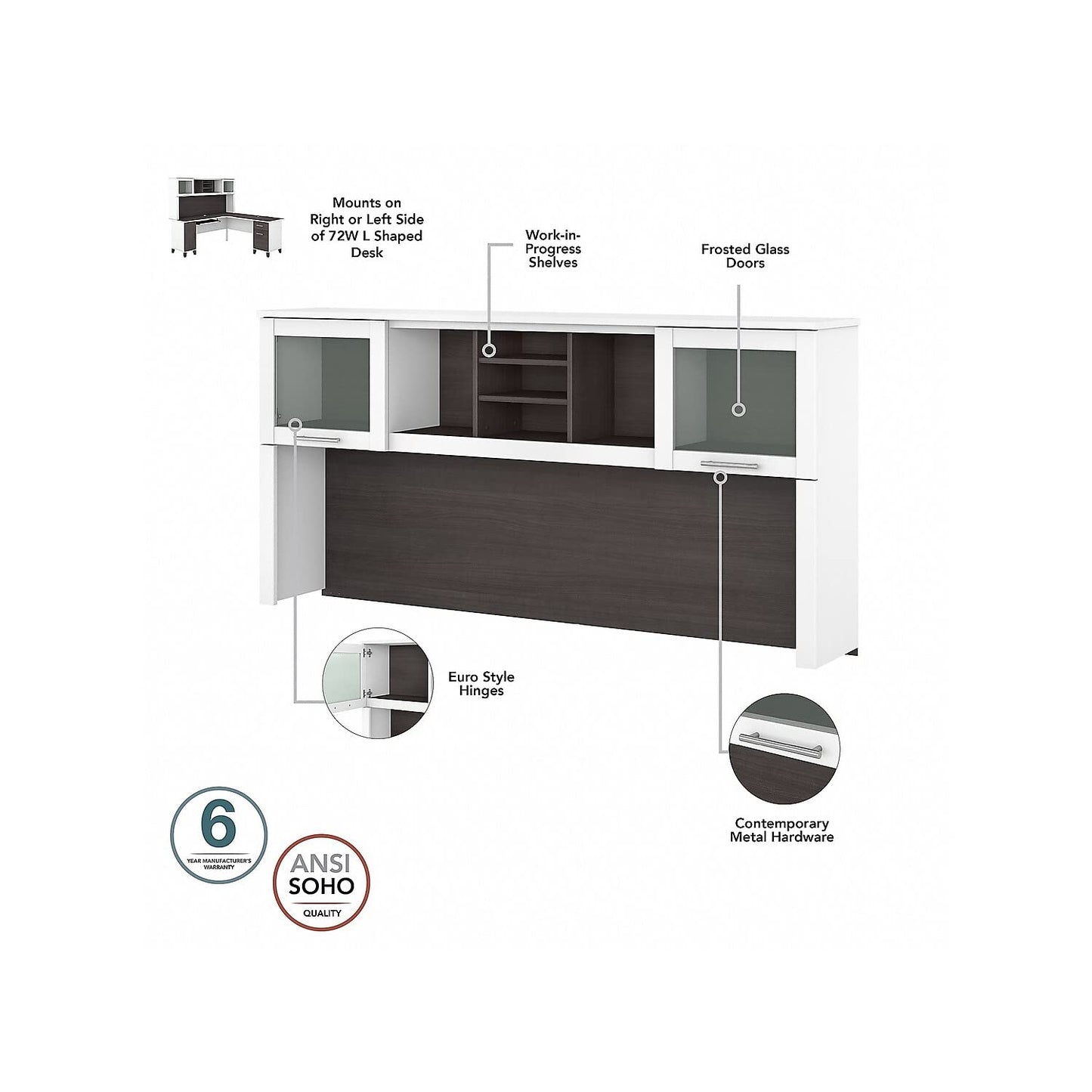 Bush Home Somerset 72W 3 Position Sit to Stand L Shaped Desk with Hutch and File Cabinet in White and Storm Gray