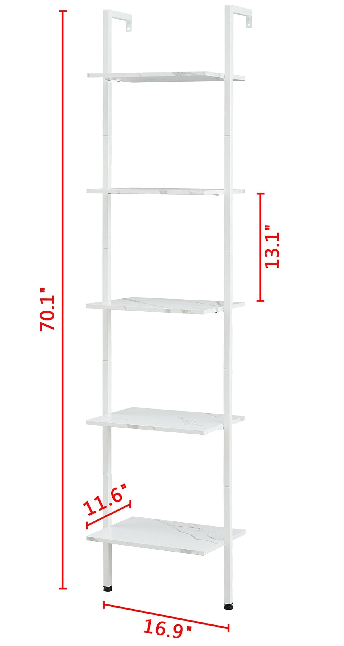 Tajsoon Ladder Shelf, White 5-Tier Wood Wall Mounted Bookcase with Metal Frame, Modern Open Display Rack, Storage Shelves for Bedroom, Home Office, Living Room