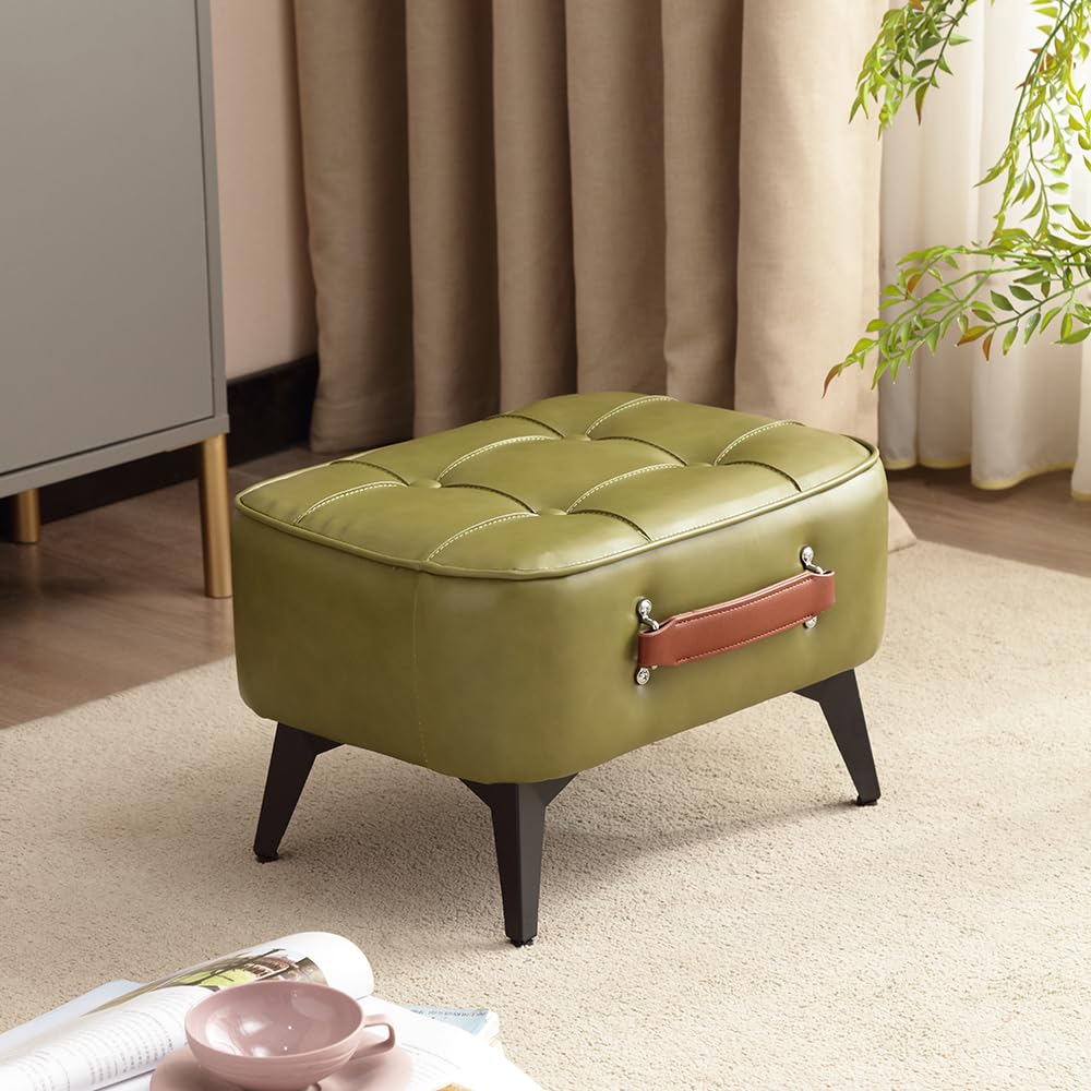 Vintage Style Faux Leather Ottoman Footstool - Wooden Frame, Upholstered Interior, Multi-Use Footrest for Living Room, Entryway, Office (Azure Green)