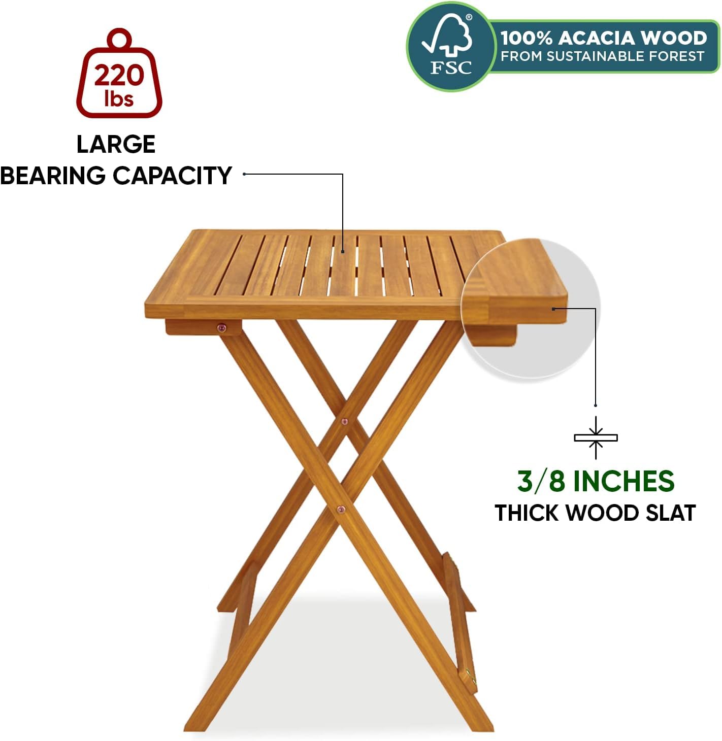 Idzo Heavy Duty 400lbs Capacity Patio Bistro Set 3 Piece Outdoor, Folding Chairs w/Cushion, Square Table, FSC-Certified Acacia Wood, Space-Saving Design for Balcony, Garden and Porch - Upgrade
