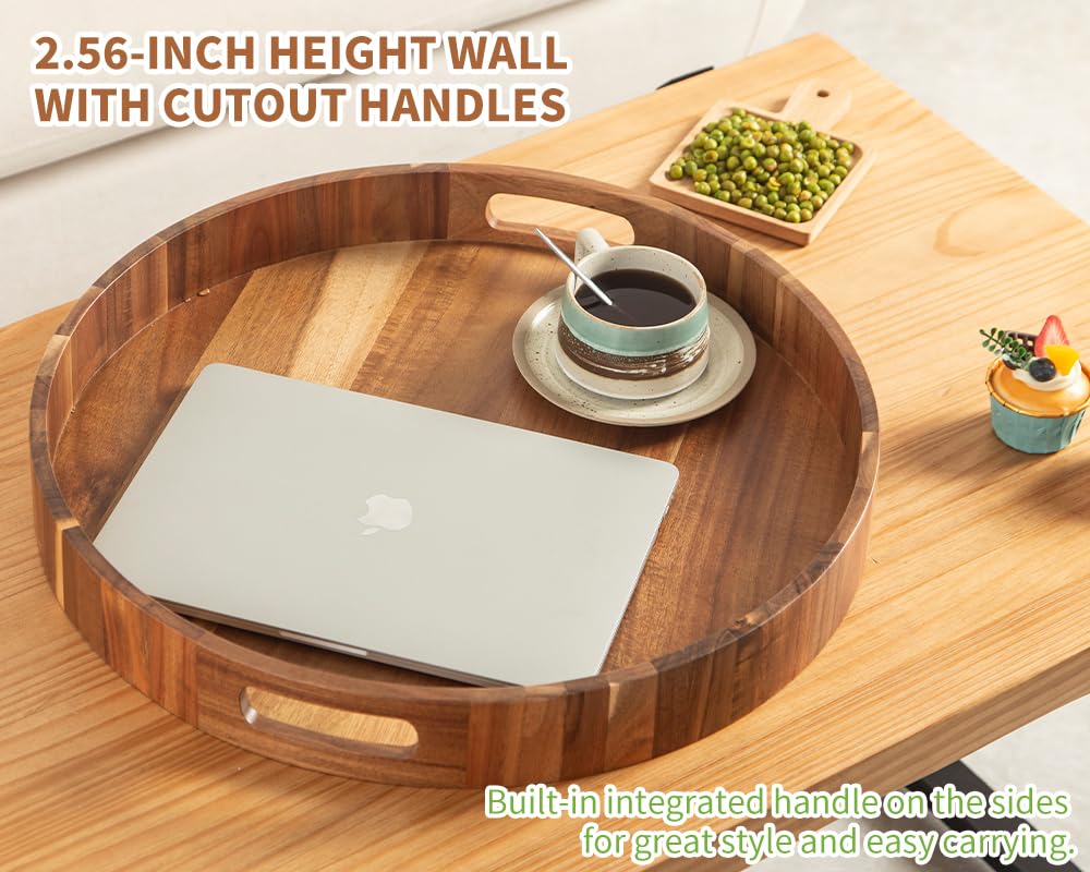 Decent Vrvege Extra Large Round Ottoman Coffee Table Tray, 22" Big Kitchen Serving Trays for Huge Ottoman Counter Giant Decorative Organizer, Huge Wood Serveware Tray with Built-in Handle for Big Job