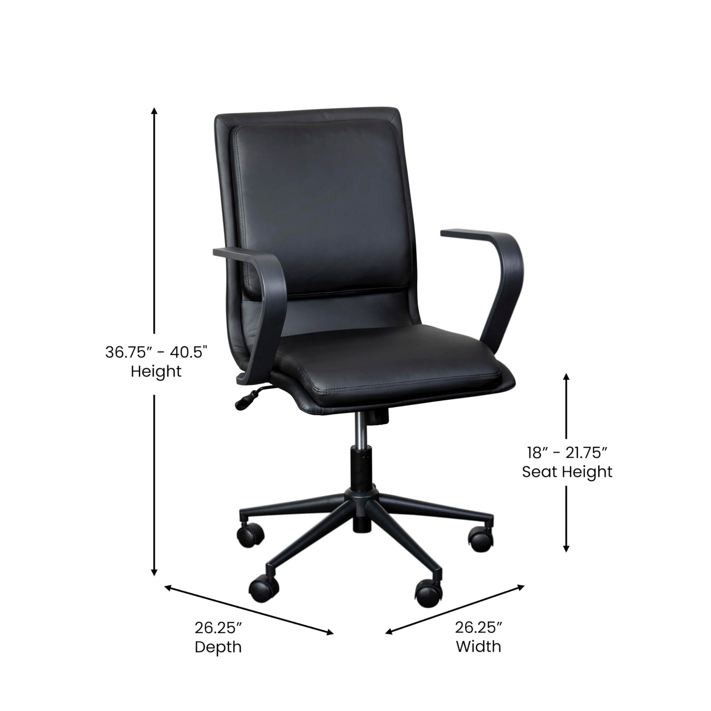 Flash Furniture James Mid-Back Designer Executive Office Chair - Black LeatherSoft Upholstery - Black Base and Arms - Height Adjustable 360° Swivel Seat