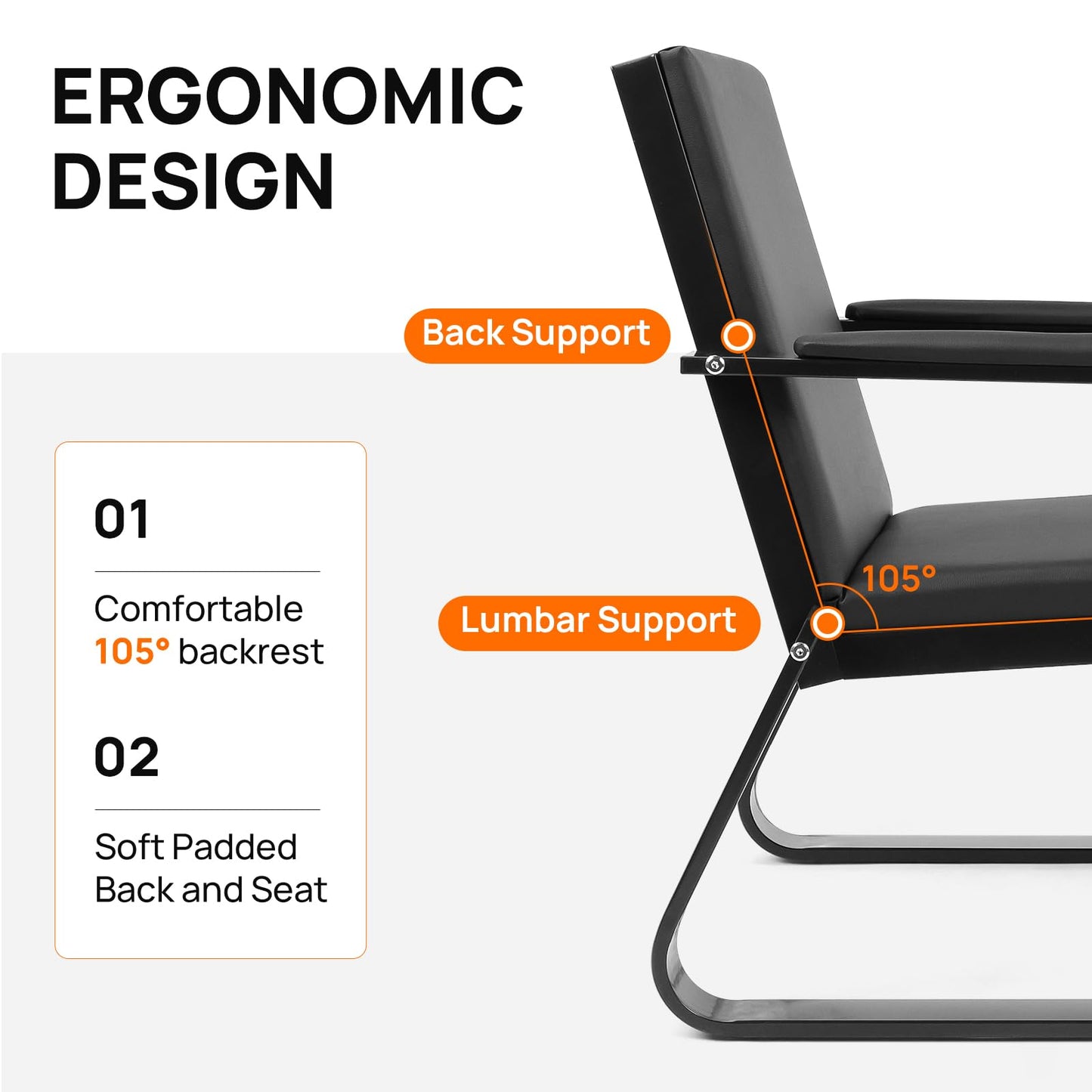walnest Guest Reception Chair with Padded Arms, PU Leather, Heavy Duty 330 Lb Capacity, Black (Black, Single seat)
