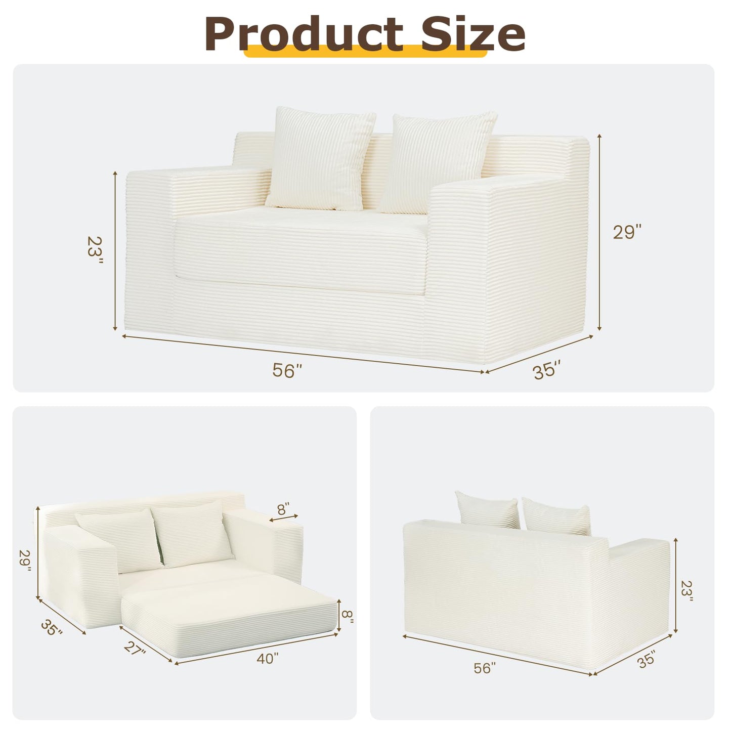 cidludto Convertible Sofa Bed, 3 in 1 Loveseat Folding Couch Bed Foldable - Chaise Lounge Chair & Floor Futon Sofa, Corduroy Pull Out Sofa Bed with 4 Pillows for Living Room, Beige
